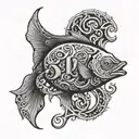 An intricate tattoo design of a tyano fish swimming among the letters SD, creating a visually stunning piece that represents the client's interests and initials tattoo design idea