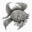 An intricate tattoo design of a tyano fish swimming among the letters SD, creating a visually stunning piece that represents the client's interests and initials tattoo design idea