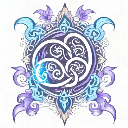 blue and purple flames, palms and infinite symbol intertwined tattoo design idea