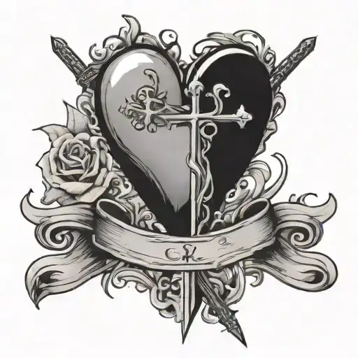 a heart with a sword going through one end and a cross coming out the other tattoo design idea