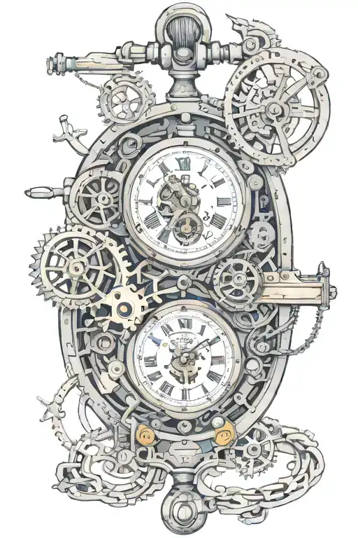 3 pocket watch mechanism intertwined with Arsenal FC cannon names and times of birth tattoo design idea