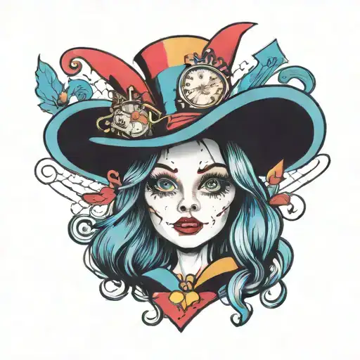 A playful and colorful tattoo featuring Alice in Wonderland characters in a new-school style with bold lines and bright hues tattoo design idea