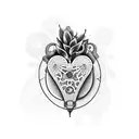Steampunk-inspired biomechanical heart surrounded by plants tattoo design idea