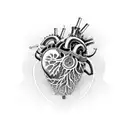 Steampunk-inspired biomechanical heart surrounded by plants tattoo design idea