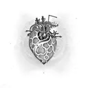 Steampunk-inspired biomechanical heart surrounded by plants tattoo design idea