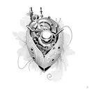 Steampunk-inspired biomechanical heart surrounded by plants tattoo design idea