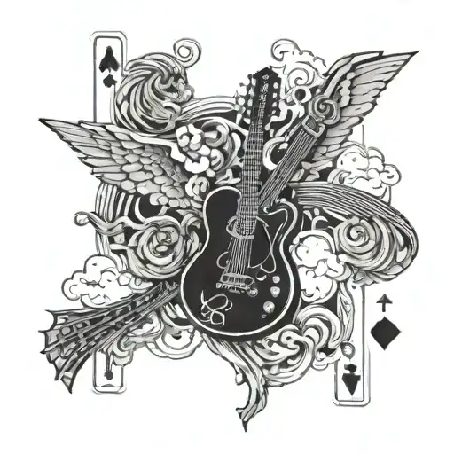 MAWMAWW AND PAWPAW TEXT WITH PLAYING CARDS A GUITER AND heaven WITH CLOUDS AND ANGELS tattoo design idea