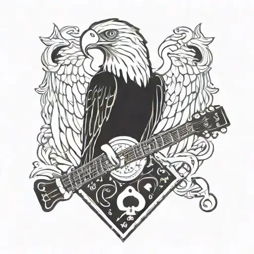 EAGEL HOLDING A GUITER WITH POKER CARDS AND  EVLIS BY IT tattoo design idea