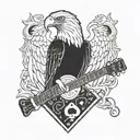 EAGEL HOLDING A GUITER WITH POKER CARDS AND  EVLIS BY IT tattoo design idea
