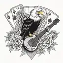 EAGEL HOLDING A GUITER WITH POKER CARDS AND  EVLIS BY IT tattoo design idea