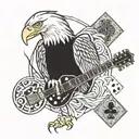 EAGEL HOLDING A GUITER WITH POKER CARDS AND  EVLIS BY IT tattoo design idea