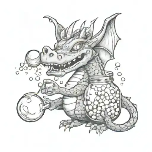Tattoo sketch of a whimisical dragon blowing bubbles and holding a bubble wand with a bubble solution jar next to it sit tattoo design idea