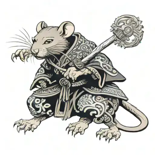 Chinese zodiac rat warrior with sword anthropomorphic  tattoo design idea