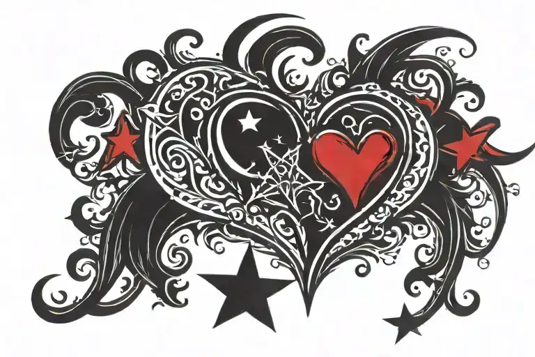 gothic-style black heart with red splotches in it and a angular star in the top left corner and another angular star in  tattoo design idea