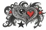 gothic-style black heart with red splotches in it and a angular star in the top left corner and another angular star in  tattoo design idea