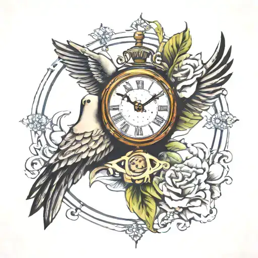 prayer hands clock Roman numerals dove tattoo design idea