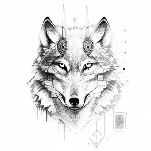 wolf with yellow eyes and a viking inside of the head walikng tattoo design idea