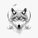 wolf with yellow eyes and a viking inside of the head walikng tattoo design idea