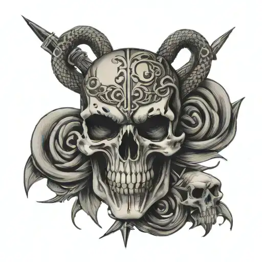 skull, snake intertwined, sword piercing, crow tattoo design idea