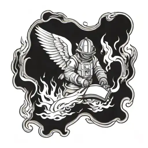 A firefighter angel holding a Bible, surrounded by flames tattoo design idea