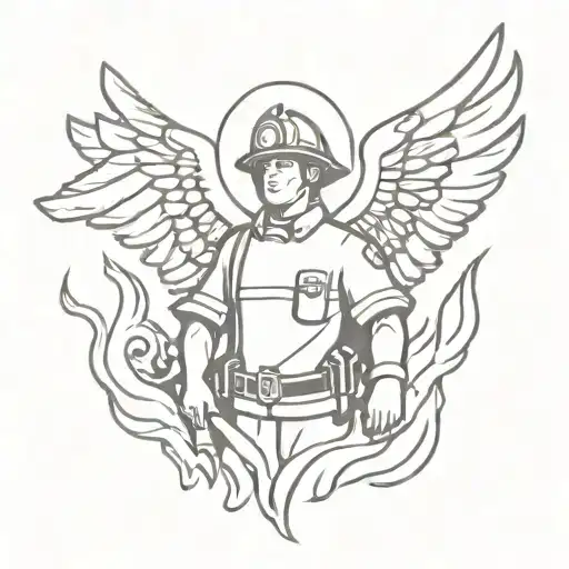 A firefighter angel holding a Bible, surrounded by flames tattoo design idea