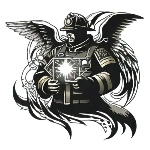 A firefighter angel holding a Bible, surrounded by flames tattoo design idea