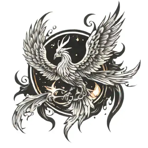 phoenix bird emerging from the fire with a galaxy background tattoo design idea