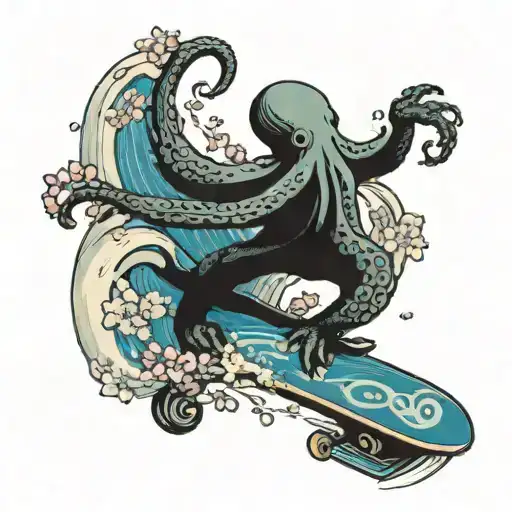 A skateboarding octopus riding a wave, with Japanese cherry blossoms in the background tattoo design idea