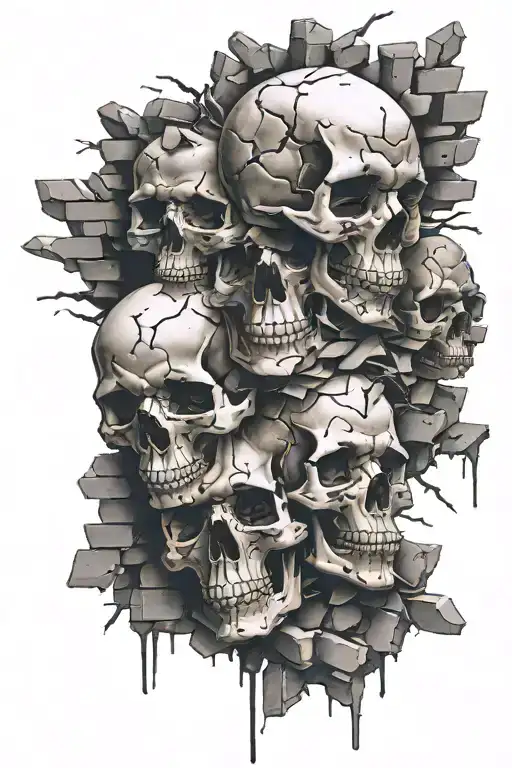 skulls surrounded by broken bricks flying tattoo design idea