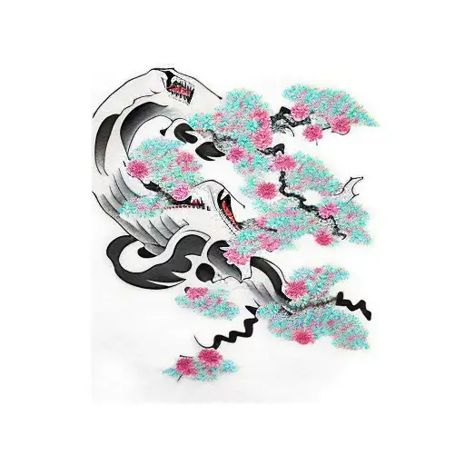 japanese waves shark cherry blossom tree  tattoo design idea