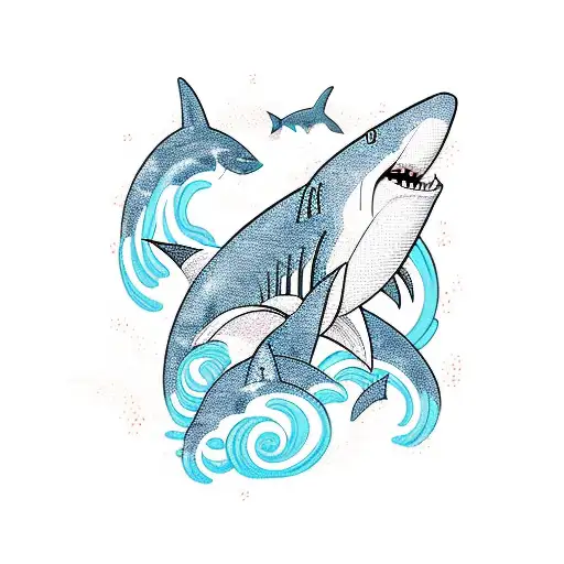 japanese waves shark retro landscape  tattoo design idea