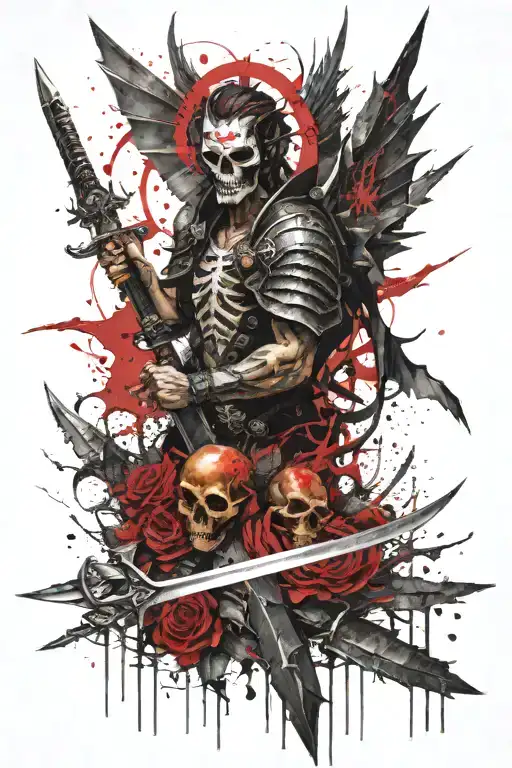 angel with skull head,thorns hal, holding swords and dragon shadowing on the background, ray of stiple dot ray of light  tattoo design idea