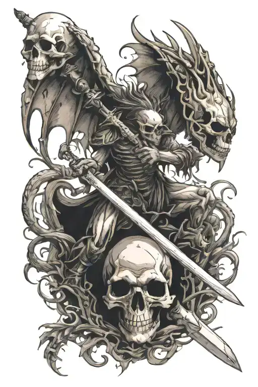 skull, dragon, angel holding a sword tattoo design idea