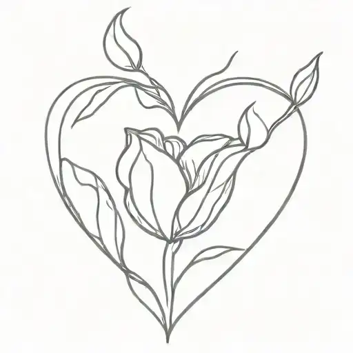 A minimalist design of a human heart intertwined with a delicate tulip flower tattoo design idea