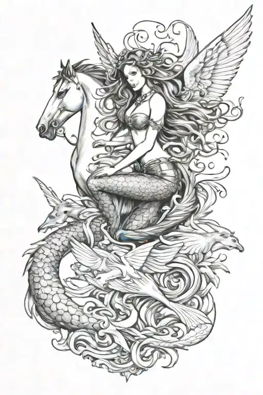 mermaid and Pegasus and fairy and hell hounds  tattoo design idea