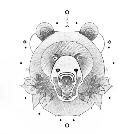 Guitar sound hole plus strings interwoven with a bear head and leaves representing soul animal with passion for music tattoo design idea