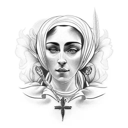 A tattoo of a detailed blackwork portrait of Nossa Senhora Aparecida with the name Valdomiro above and Rita below tattoo design idea