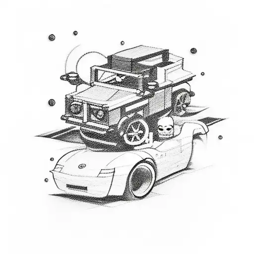 A sketch-style tattoo of a Lego car drifting through a psychedelic Netherland landscape tattoo design idea