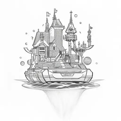 A sketch-style tattoo of a Lego car drifting through a psychedelic Netherland landscape tattoo design idea