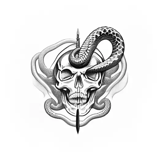 A snake coiled around a skull with a dagger piercing through it tattoo design idea