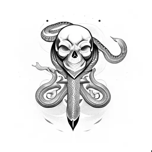 A snake wrapped around a dagger, forming the shape of a skull tattoo design idea