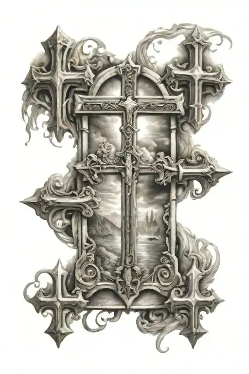 heaven gates and crosses mixed tattoo design idea