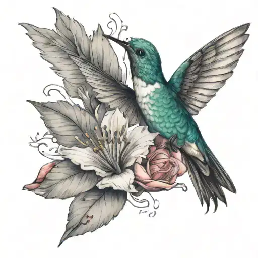 hummingbird skeleton hovering over flower in the mountains tattoo design idea