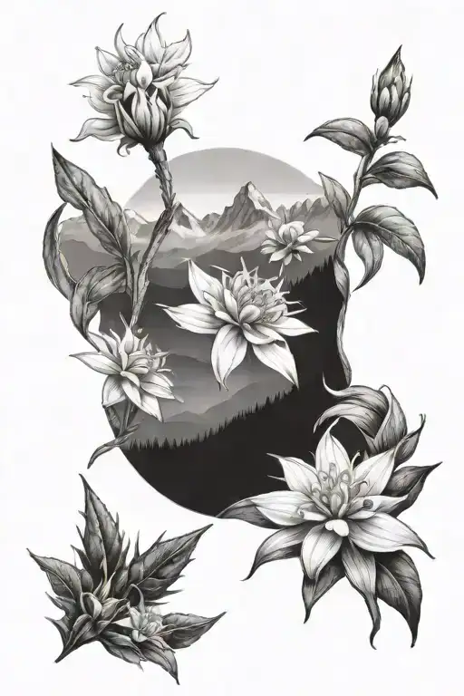 edelweiss flowers in front of mountain range tattoo design idea