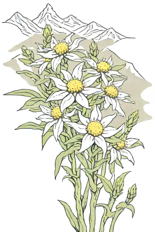field of edelweiss flowers in front of mountain range tattoo design idea