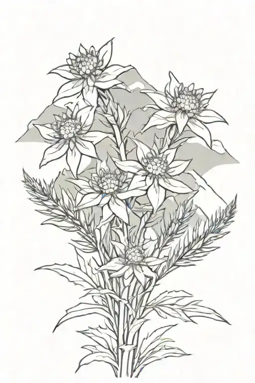 edelweiss flowers in front of mountain range silhouette tattoo design idea