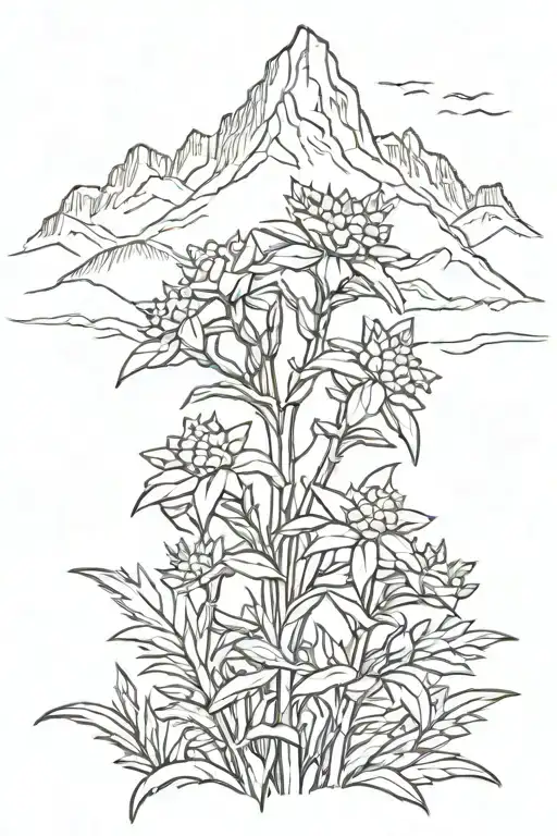 edelweiss flowers growing in front of mountain range silhouette tattoo design idea