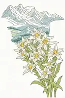 field of edelweiss flowers in front of mountain range tattoo design idea