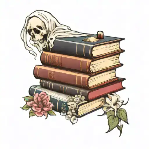 stack of books surrounded by flowers with ghost reading book on top tattoo design idea