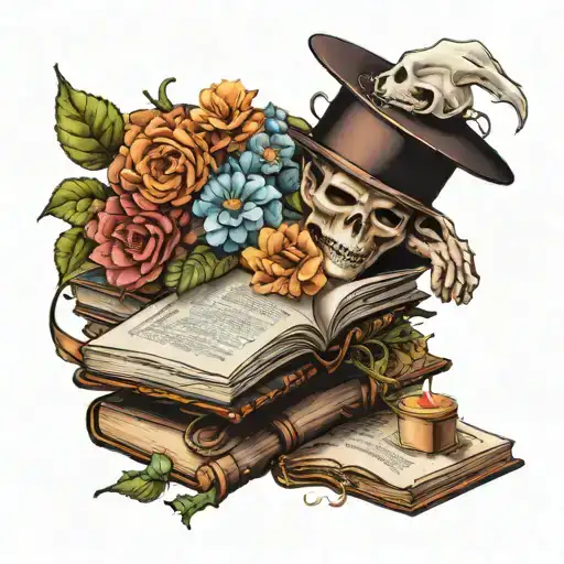 stack of books surrounded by flowers with ghost reading book on top tattoo design idea